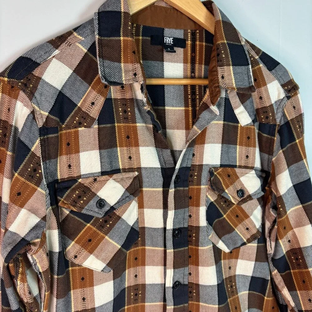 Frye Flannel Shirt Small Brown Plaid Long Sleeve Button-Up Cotton Men's - Picture 2 of 9